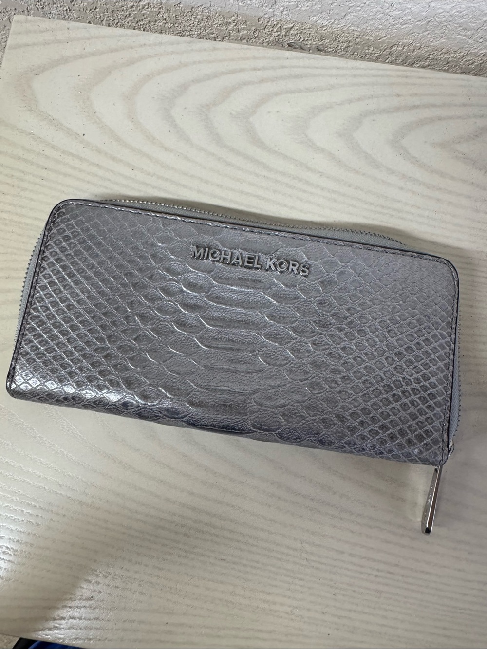 Michael Kors Metallic Silver Snake-Embossed Zip Wallet